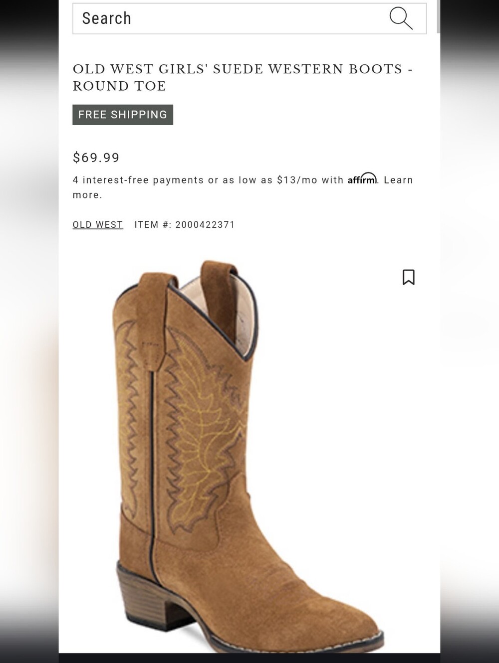 Old West Tan Suede Girl's Western Boots Size 1.0D - Picture 2 of 9